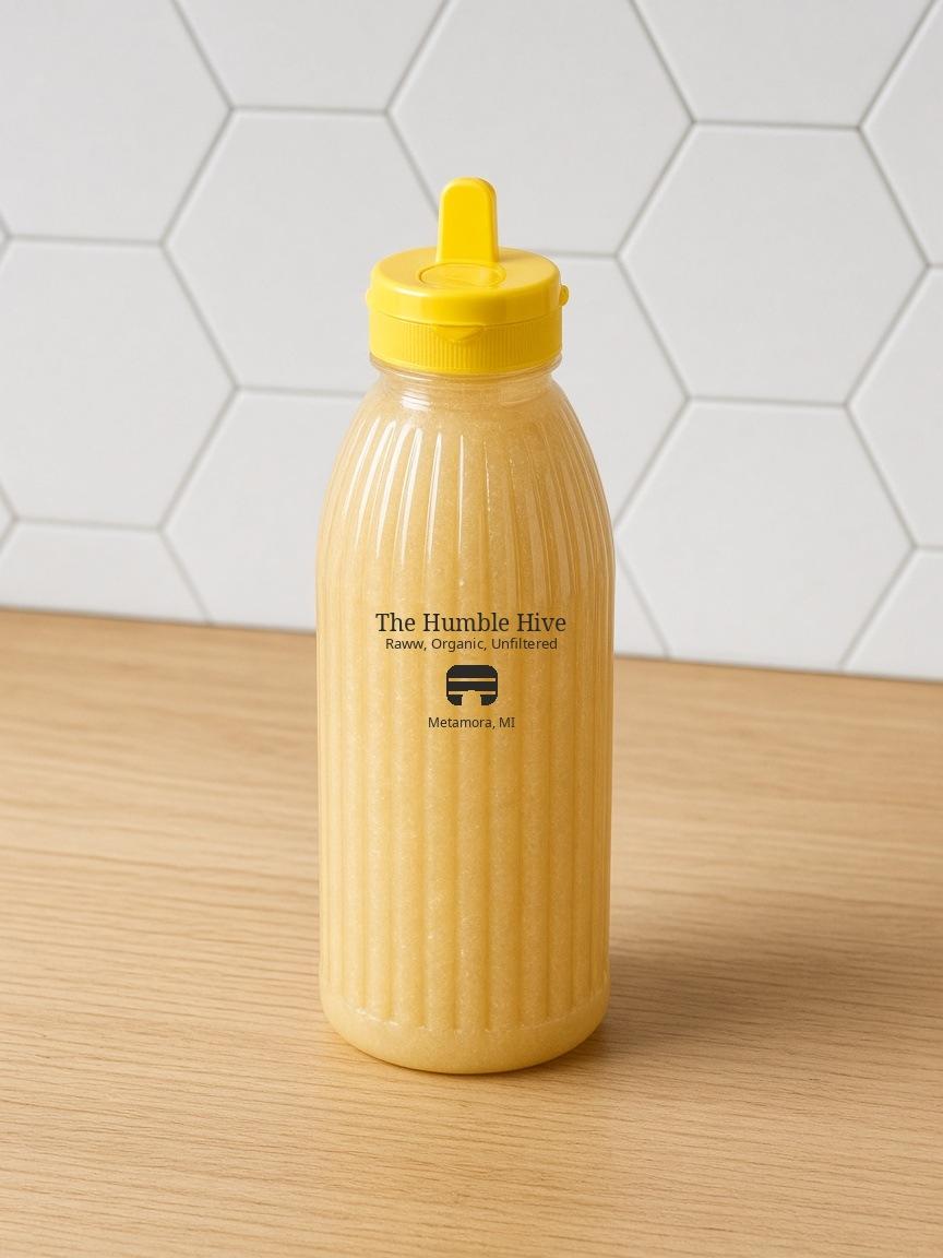 16-ounce The Humble Hive squeeze bottle with a yellow lid, filled with crystallized honey