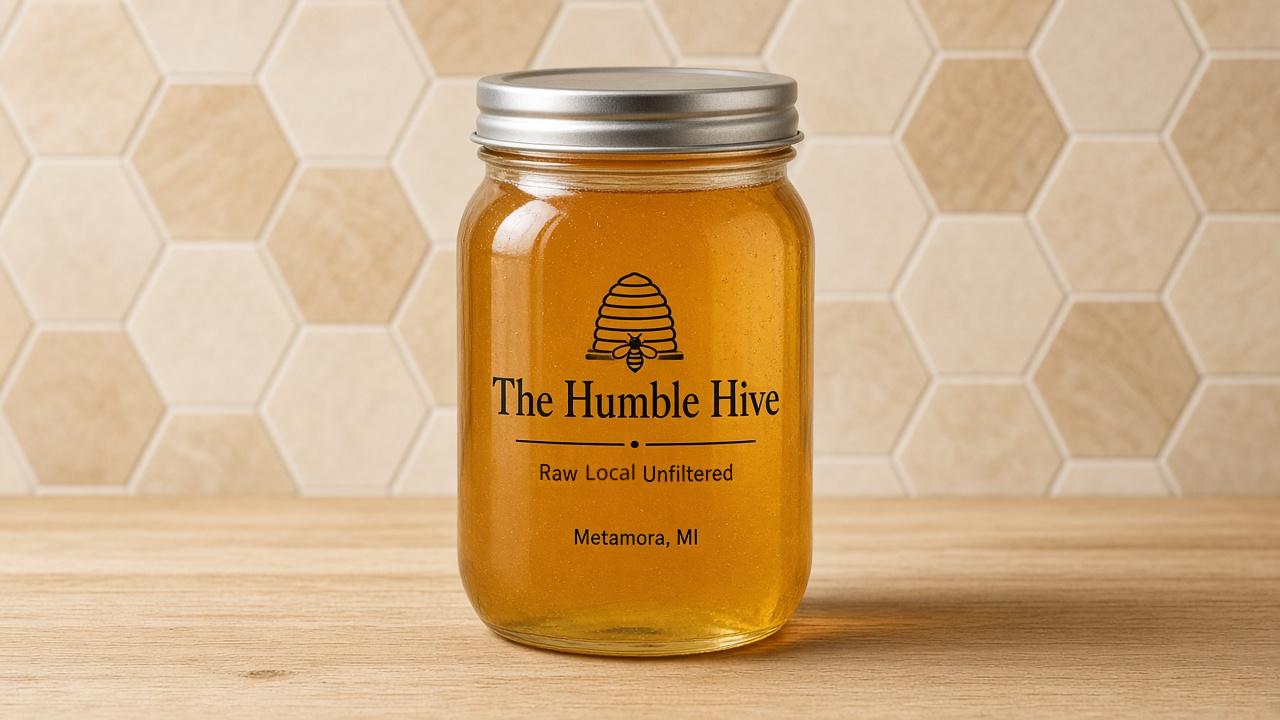 16-ounce The Humble Hive mason jar with a silver lid, filled with liquid honey