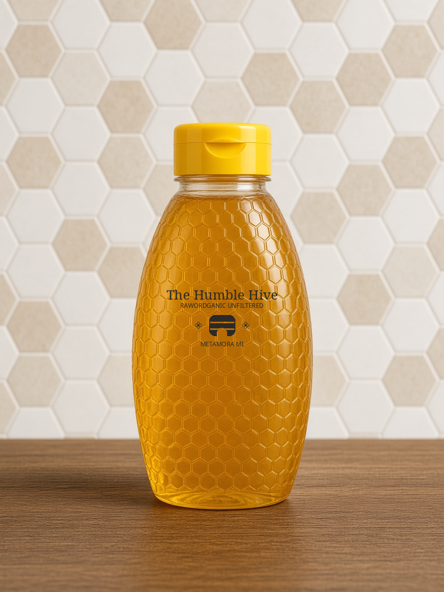 16-ounce The Humble Hive squeeze bottle with a yellow lid, filled with liquid honey