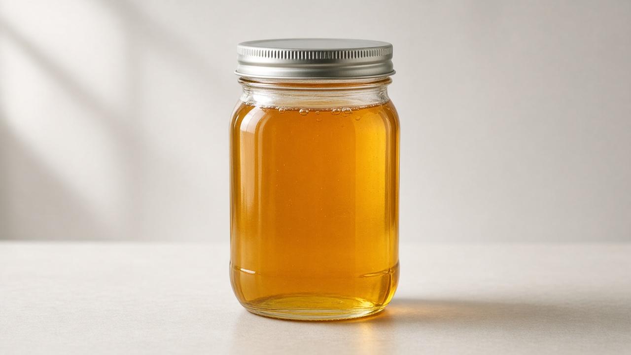 32-ounce The Humble Hive mason jar with a silver lid, filled with liquid honey